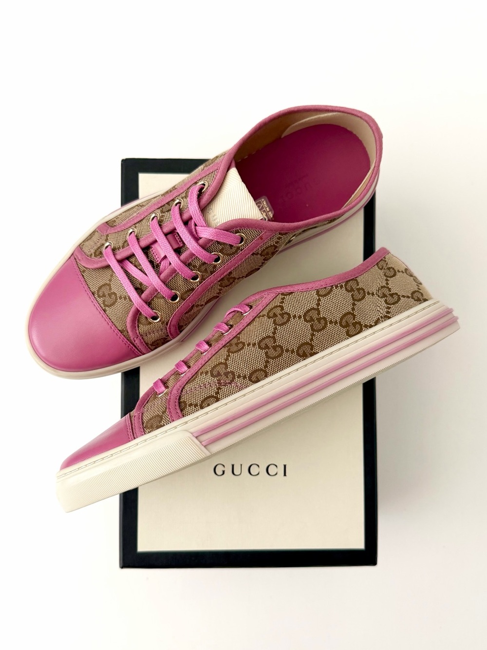 GUCCI | GG Canvas Pink Leather Low Top Sneakers Monogram Logo Lace Up EU 38.5